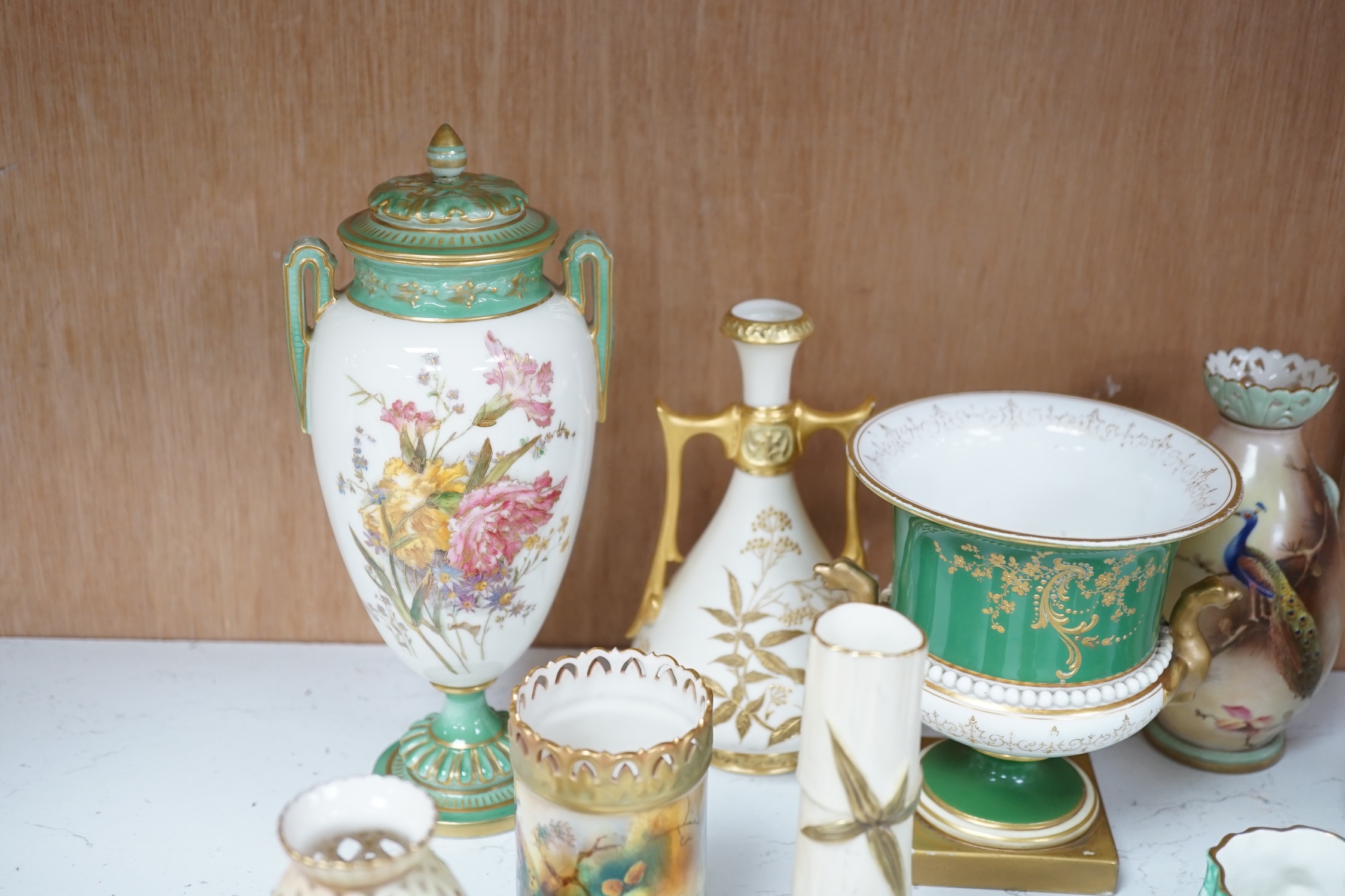 Twelve Worcester ornamental items, including Hadley's and Locke, tallest jar and cover 21cm high (12). Condition - fair, some small chips to floral encrusted vase